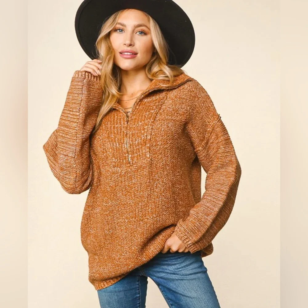Plus Size Chestnut Brown Two-Tone Fall Half-Zip Pullover Knit Sweater, 1X-2X-3X - Picture 1 of 10